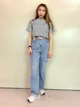 「PINK-latte（ピンクラテ）の【セットアイテム】テレコビスチェ+Tシャツ（その他トップス、ブラック系）」を使った、 シマシマさん（レディース・152cm）の夏コーディネート