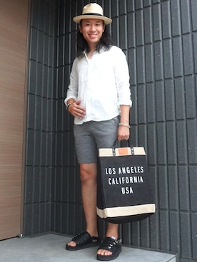 「REMI RELIEF（レミレリーフ）のREMI RELIEF × BEAMS PLUS / 別注 Sweat Shorts（その他パンツ）」を使った、𝕄𝔸𝕊𝔸さん（メンズ・174cm・30代）の夏コーディネート