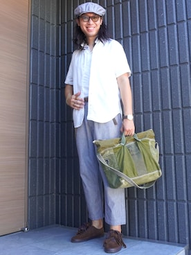 「YANUK（ヤヌーク）のyanuk （ヤヌーク）ストレッチS/S シャツWHT（シャツ/ブラウス）」を使った、𝕄𝔸𝕊𝔸さん（メンズ・174cm・30代）の夏コーディネート