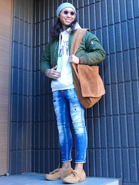 「アイテム（モカシン/デッキシューズ）」を使った、𝕄𝔸𝕊𝔸さん（メンズ・174cm）の冬コーディネート