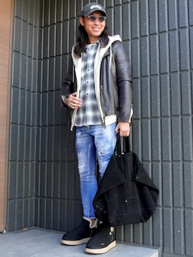 「アイテム（ライダースジャケット）」を使った、𝕄𝔸𝕊𝔸さん（メンズ・174cm・30代）の冬コーディネート