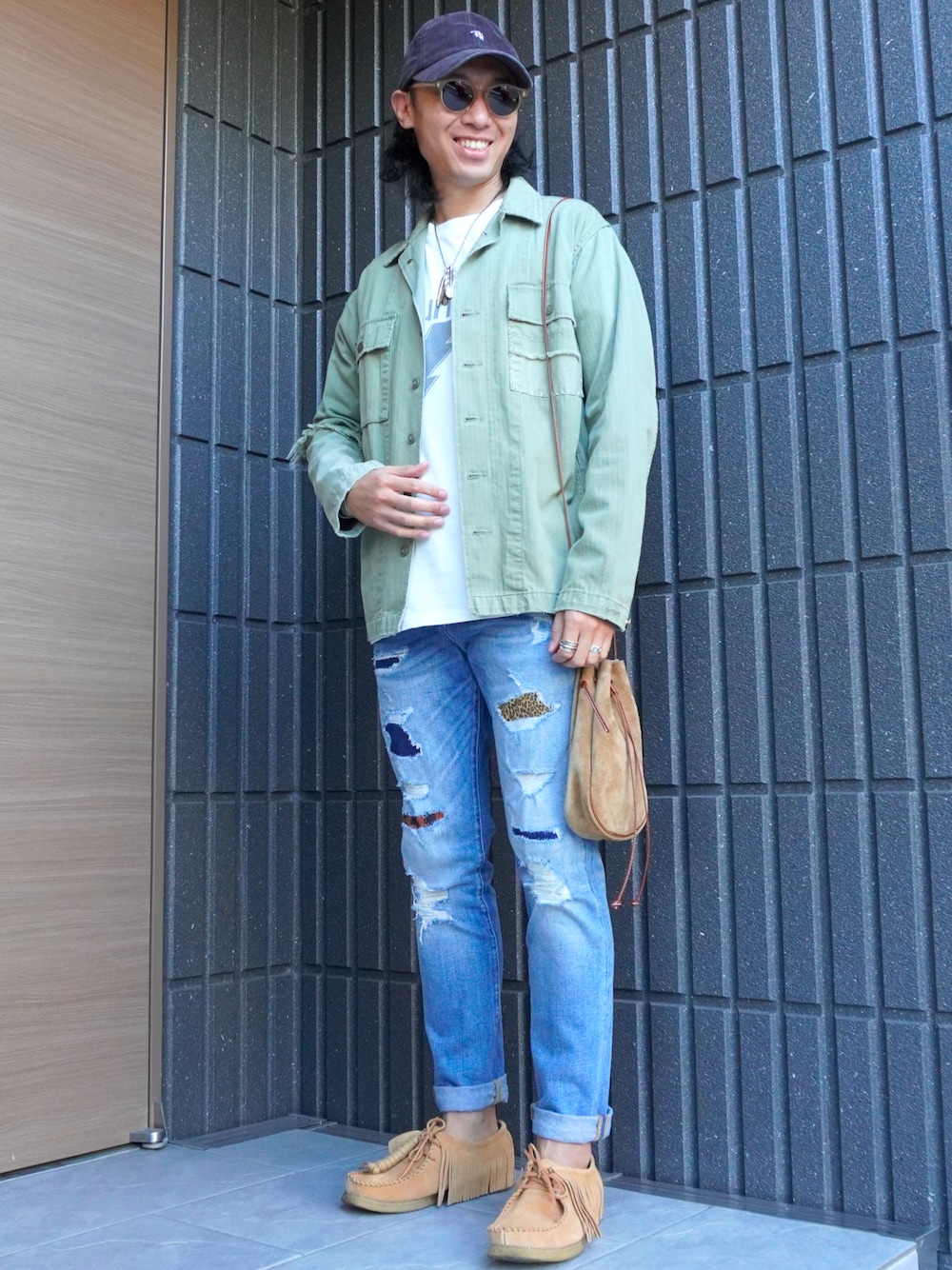 「鎌倉、ootd、outfit、ミリタリー、サーフ、秋コーデ、デニム、モカシン」｜「Ron Hermanのアイテム（キャップ、ブラック系）」を使った、𝕄𝔸𝕊𝔸さん（メンズ・174cm）の秋コーディネートの1枚目の写真