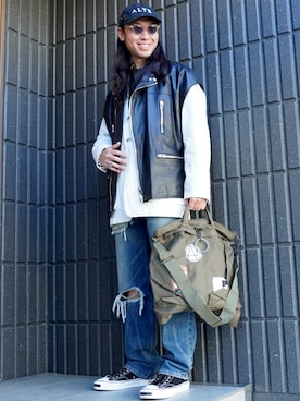 「KAMIYA（カミヤ）のアイテム」を使った、𝕄𝔸𝕊𝔸さん（メンズ・174cm）の春コーディネート