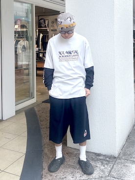 「XLARGE（エクストララージ）のEXTRALARGE LAYERED L/S TEE（Tシャツ/カットソー、グレー系）」を使った、rikitoさん（メンズ・173cm）の夏コーディネート