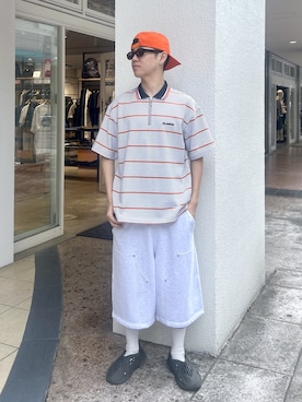 「XLARGE（エクストララージ）のSTRIPE ZIP POLO SHIRT（Tシャツ/カットソー、グレー系）」を使った、rikitoさん（メンズ・173cm）の夏コーディネート
