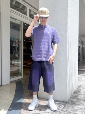 「XLARGE（エクストララージ）のSTRIPED KNIT POLO SHIRT（ポロシャツ、パープル系）」を使った、rikitoさん（メンズ・173cm）の夏コーディネート