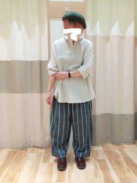 「ストライプパンツ」｜「アイテム（ハンチング/ベレー帽）」を使った、HARUさん（レディース・156cm）の秋コーディネート