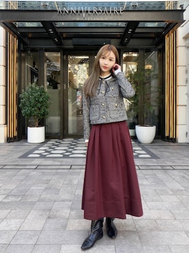 「アイテム（ノーカラージャケット）」を使った、清水夏姫さん（レディース・160cm）の秋コーディネート