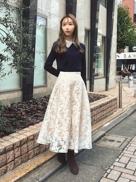 「レーススカート」｜清水夏姫さん（レディース・160cm）の秋コーディネート