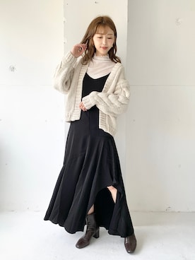 「ケーブルカーディガン」｜「アイテム（ワンピース/ドレス）」を使った、清水夏姫さん（レディース・160cm）の秋コーディネート