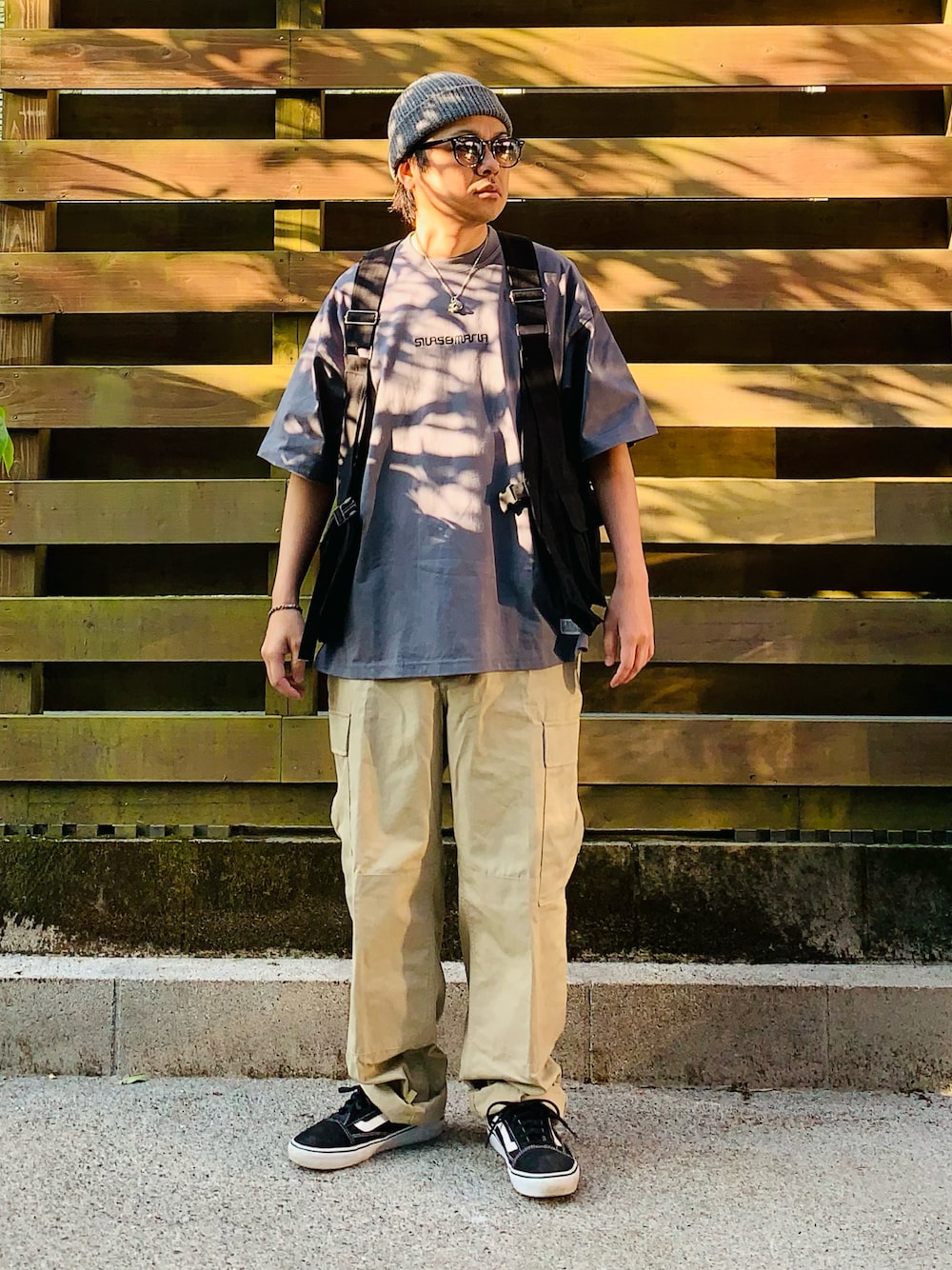 グレー系のTシャツ/カットソー、ブラック系のベスト、ベージュ系のカーゴパンツを着用したメンズの春コーディネートの1枚目の写真