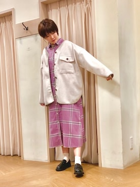 「ネルシャツ」｜「アイテム（ノーカラージャケット）」を使った、Mayuさん（レディース・168cm）の秋コーディネート