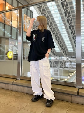 「A4A（エーフォーエー）のA4A/エーフォーエー/ALPHA ショートスリーブTシャツ（Tシャツ/カットソー、ブラック系）」を使った、YU-KA OZAWAさん（レディース・153cm）の春コーディネート