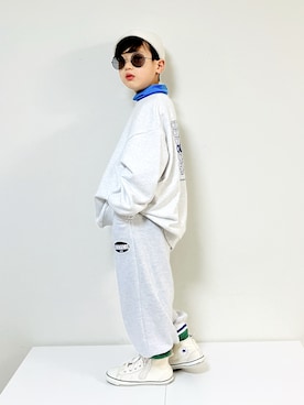 「アイテム（スウェットパンツ、ホワイト系）」を使った、syun★さん（キッズ・130cm）の冬コーディネート