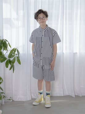 「MAKE YOUR DAY（メイクユアデイ）のセットアップできるストライプボーダー半袖シャツ■150.160cm（シャツ/ブラウス、ブラック系）」を使った、syun★さん（キッズ・149cm）の春コーディネート