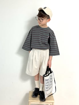 「CIAOPANIC TYPY（チャオパニックティピー）のOSORO USAコットン7分袖ボーダーTee（Tシャツ/カットソー）」を使った、syun★さん（キッズ・126cm）の夏コーディネート
