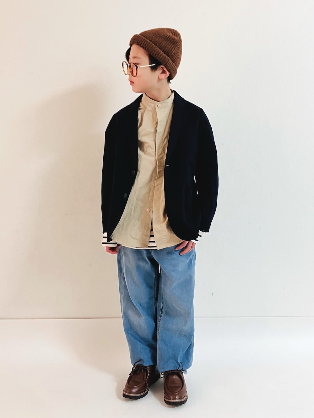 「春のNewスタイル、春コーデ、ユニクロコーデ、カジュアル、デニム、着回しコーデ」｜「UNIQLOのアイテム（ニットキャップ/ビーニー、ブラウン系）」を使った、syun★さん（キッズ・136cm）の春コーディネートの1枚目の写真