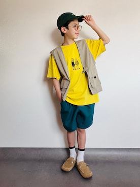 「GLAZOS（グラソス）のポリツイルフィッシャーマンベスト（ベスト、ベージュ系）」を使った、syun★さん（キッズ・152cm）の夏コーディネート