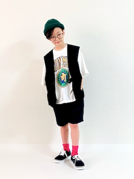 「カラーソックス」｜「アイテム（ニットキャップ/ビーニー）」を使った、syun★さん（キッズ・135cm）の夏コーディネート