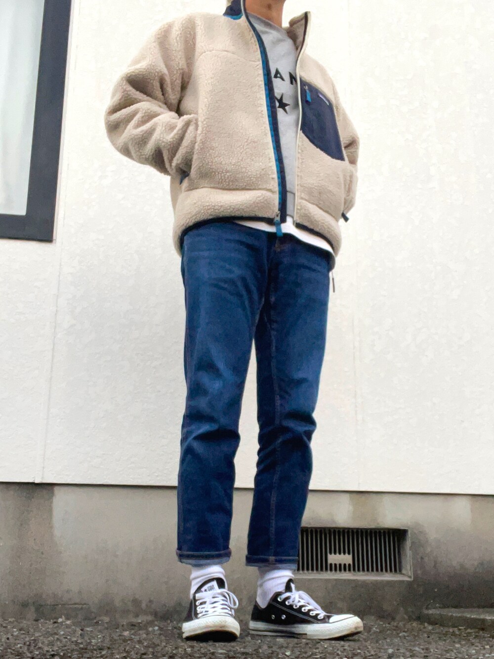 「パタゴニアレトロX、patagonia、CLANE、グラミチ、コンバース、UNIQLO、休日コーデ、お洒落さんとつながりたい、オトナカジュアル、ゆるコーデ、今日のコーデ、ファッションの力を信じよう、いいね、save、フォローお願いします🤑、冬コーデ、きれいめカジュアル」｜「patagoniaのWEB限定 patagonia/パタゴニア メンズ・クラシック・レトロX・ジャケット（ブルゾン、ホワイト系）」を使った、べーあーさん（メンズ・176cm）の冬コーディネートの1枚目の写真