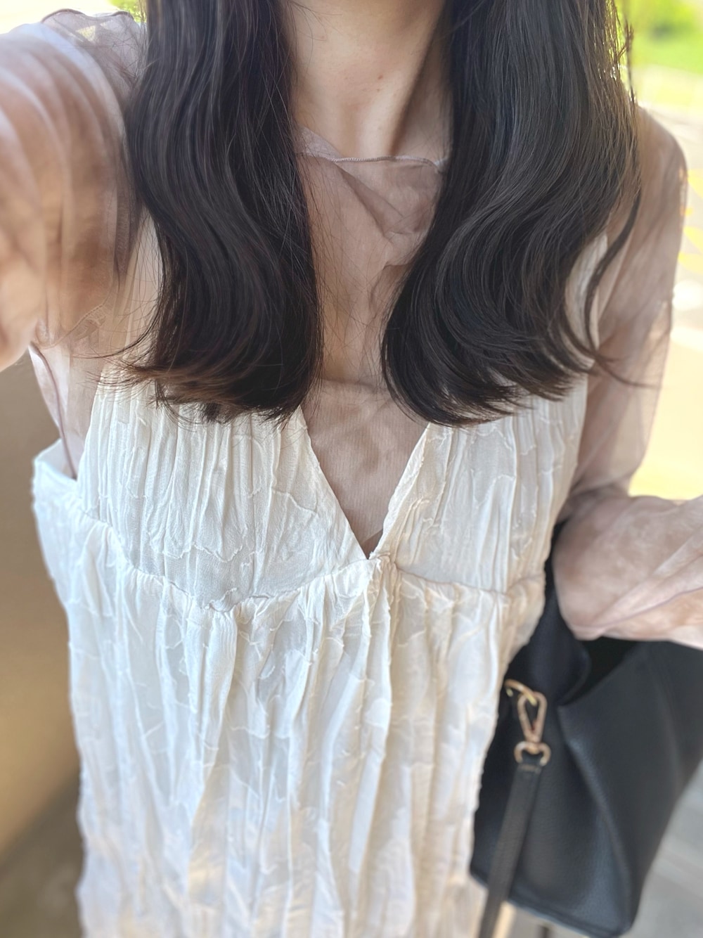 「夏ファッション、今日のコーデ、おしゃれさんと繋がりたい、女子会コーデ、着回しコーデ、おでかけコーデ、オトナ女子、150cm台コーデ」｜「Kastaneの【低身長向けサイズあり】シアージャガードレースノースリワンピース（ワンピース、ホワイト系）」を使った、𝐒𝐡𝐢𝐡𝐨さん（レディース・150cm）の夏コーディネートの1枚目の写真
