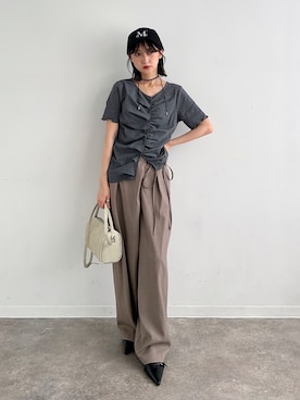 「RANAN（ラナン）の麻調2タックラップリボンパンツ【全骨格対応・吸水速乾・マシーンウォッシャブルOK】（その他パンツ、ベージュ系）」を使った、maoさん（レディース・153cm）の夏コーディネート