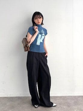 「musubore（ムスボレ）のpleated print tops / プリーツプリントトップス（Tシャツ/カットソー、ブルー系）」を使った、maoさん（レディース・153cm）の春コーディネート
