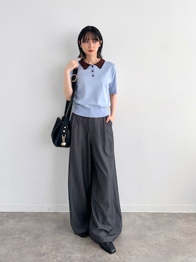 「NOGLE（ノグル）の【NOGLE/ノグル】バイカラー半袖ポロニット（ポロシャツ、ブルー系）」を使った、maoさん（レディース・153cm）の春コーディネート