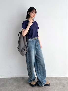 「NOGLE（ノグル）の【NOGLE/ノグル】スカラップステッチ半袖Tシャツ（Tシャツ/カットソー、ブルー系）」を使った、maoさん（レディース・153cm）の春コーディネート