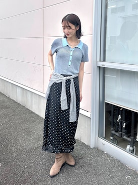 「DFFUR.（ディフル）のバイカラーサマーポロニット（ニット/セーター、ブルー系）」を使った、maoさん（レディース・153cm）の秋コーディネート