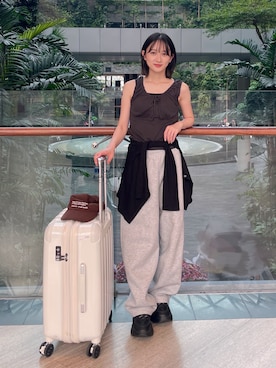 「MOUSSY（マウジー）のGATHER SLEEVELESS トップス（タンクトップ、ブラック系）」を使った、maoさん（レディース・153cm）の夏コーディネート