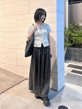 「Unblend（アンブレンド）の【Unblend】ボーダー切り替え Wウエスト ロングスカート（スカート、グレー系）」を使った、maoさん（レディース・153cm）の春コーディネート