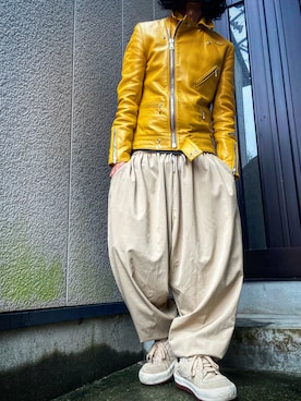 「アイテム（ライダースジャケット）」を使った、yochioさん（メンズ・167cm）の秋コーディネート