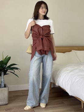「ROPE' PICNIC（ロペピクニック）の【emur/エミュール】ワイドストレートデニムパンツ（デニムパンツ、ブルー系）」を使った、wanchanさん（レディース・160cm）の春コーディネート