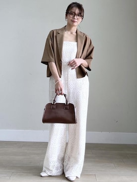 「ROPE' PICNIC（ロペピクニック）のワイドスクエアボストンバッグ/2WAY（ボストンバッグ、ブラウン系）」を使った、wanchanさん（レディース・160cm）の春コーディネート