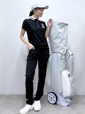 「JUN&ROPE'（ジュンアンドロペ）のハイテンションサッカー半袖配色ポロ/UV（ポロシャツ、ブラック系）」を使った、wanchanさん（レディース・160cm）の春コーディネート
