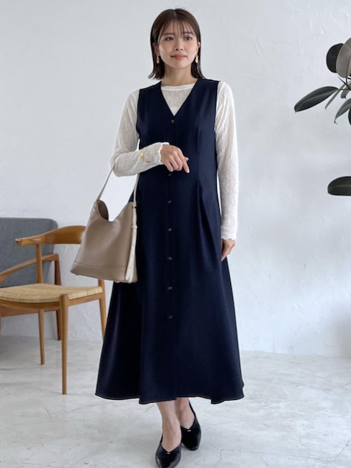 【パール釦付き】 ウールライク ジャンパースカート ネイビー 新品未使用品 size SHORT/TALLあり］ウールライク ジャンスカ ―ウォッシャブル・防シワ―