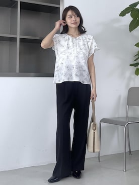 「ROPE' PICNIC（ロペピクニック）の【WEB限定サイズ】美フレアカラーパンツ（スラックス、ブラック系）」を使った、wanchanさん（レディース・160cm）の春コーディネート