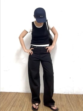 「RIVE DROITE（リヴドロワ）の予約【A・MONN】【セット着用可】tank KNIT（タンクトップ、ブラック系）」を使った、RIVE DROITE officialさん（レディース・160cm）の夏コーディネート