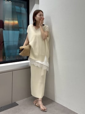 「RIVE DROITE（リヴドロワ）の予約【ご好評につき追加販売決定！】バイアスヘムレースキャミソール（キャミソール、ホワイト系）」を使った、RIVE DROITE officialさん（レディース・162cm）の春コーディネート