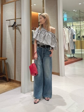 「Whim Gazette（ウィムガゼット）の【Hoaw.】クラッチポーチ（クラッチバッグ、レッド系）」を使った、nagisaさん（レディース・163cm）の夏コーディネート
