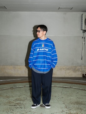 「LOTTO（ロット）のLOTTO　BORDER LONG-SLEEVE GAME SHIRTS（Tシャツ/カットソー、ブルー系）」を使った、イケコイケさん（メンズ・165cm）の春コーディネート