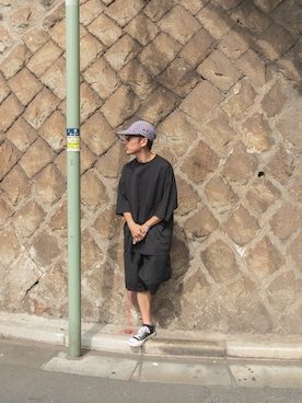 「URBAN RESEARCH（アーバンリサーチ）のWide Dad　BREEZY TECH SHORT-SLEEVE T-SHIRTS（Tシャツ/カットソー、ブラック系）」を使った、イケコイケさん（メンズ・165cm）の夏コーディネート