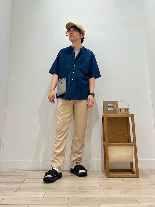 リネン混 デニムバンドショートスリーブシャツ