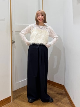 「GLOBAL WORK（グローバルワーク）のストレッチ総レースプルオーバー長袖/580886（Tシャツ/カットソー、ホワイト系）」を使った、ミカミさん（レディース・153cm）の秋コーディネート
