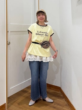 「GLOBAL WORK（グローバルワーク）のGOODデニムイージーパンツ/COOL/636569（デニムパンツ、ブルー系）」を使った、ミカミさん（レディース）の春コーディネート