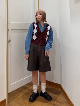「GLOBAL WORK（グローバルワーク）のアーガイルモールベスト/1044418（ベスト、レッド系）」を使った、ミカミさん（レディース・153cm）の秋コーディネート