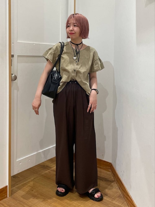 AIE ダークブラウン ワークパンツ GLOBAL WORK 軽量 リラックススマートワイドパンツ 接触冷感