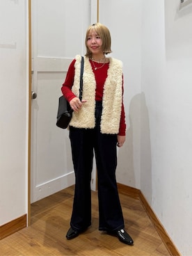 「GLOBAL WORK（グローバルワーク）のシルクブレンドクループルオーバー長袖/1051637（Tシャツ/カットソー、レッド系）」を使った、ミカミさん（レディース・153cm）の秋コーディネート