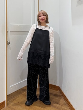 「GLOBAL WORK（グローバルワーク）のストレッチ総レースプルオーバー長袖/580886（Tシャツ/カットソー、ホワイト系）」を使った、ミカミさん（レディース・153cm）の秋コーディネート